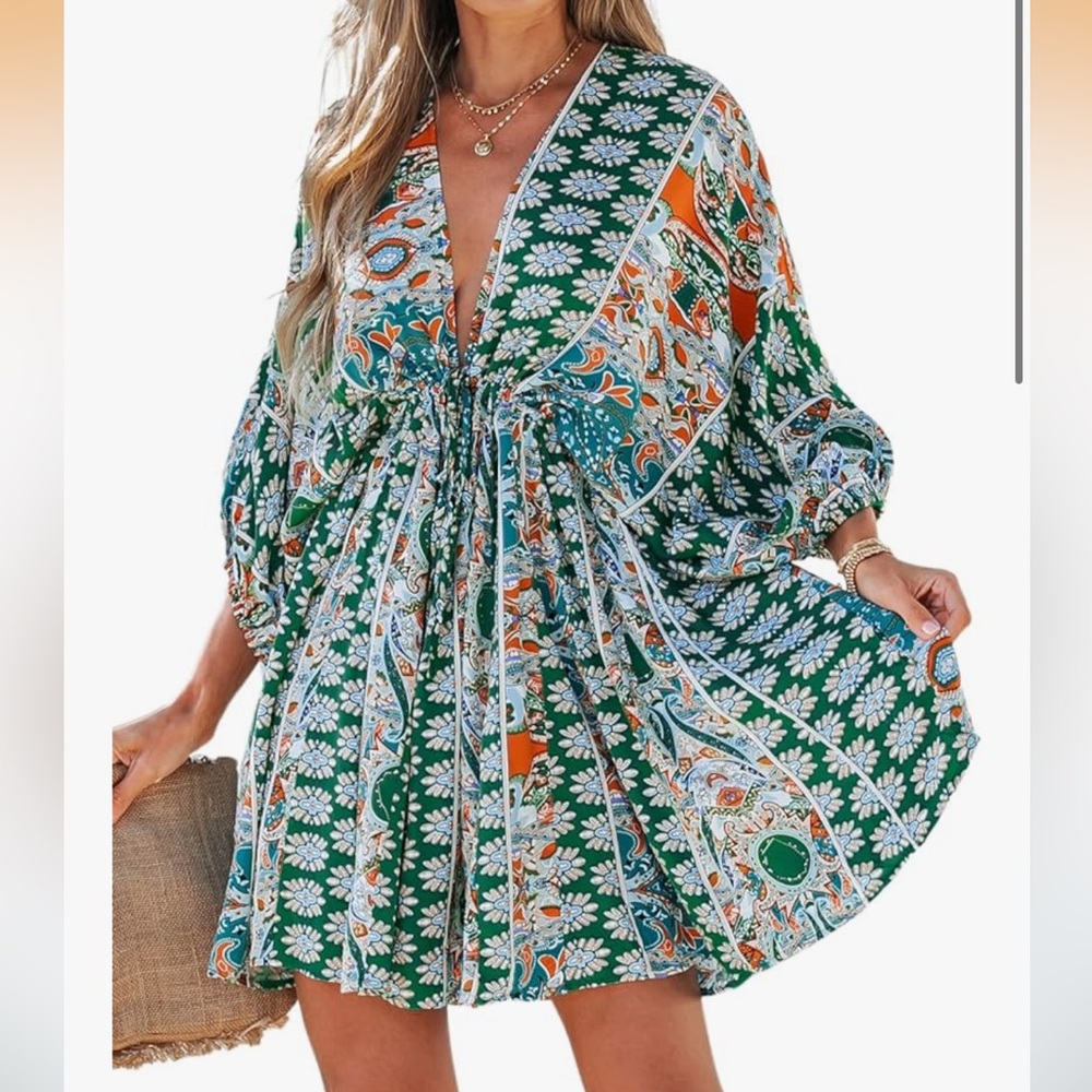 Cupshe Green Floral Boho Mini Dress with Orange Accents